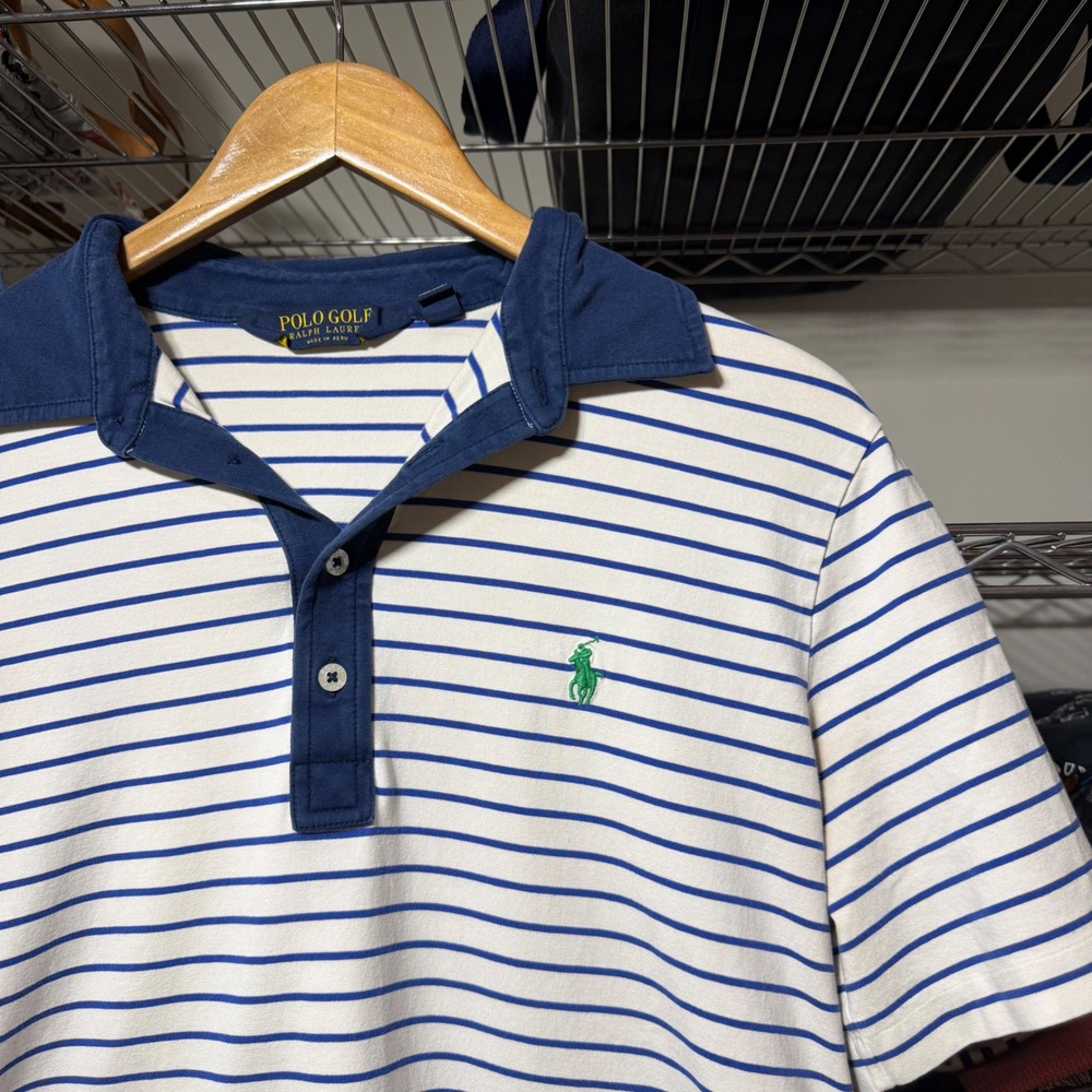 Polo Golf Ralph Lauren Polo Shirt Mens M White Blue Striped Pro Fit Short Sleeve